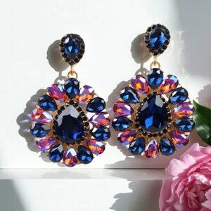 Dark Blue and Pink Floral Earrings